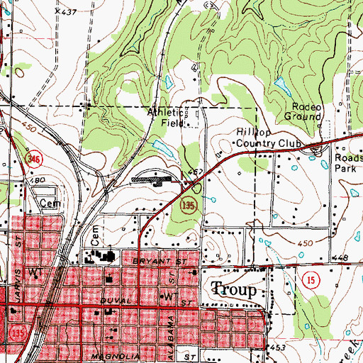 Topographic Map of Troup Middle School, TX