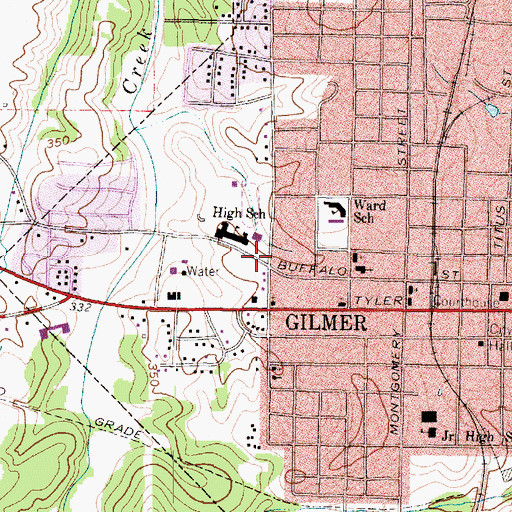 Topographic Map of Gilmer High School, TX