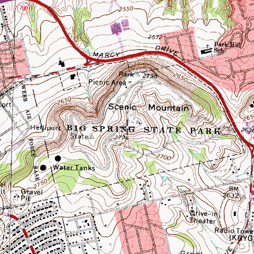 Topographic Map of Big Spring State Park, TX