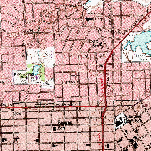 Topographic Map of Miller and Stemmons Historic District, TX