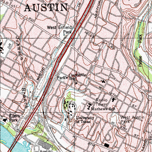 Topographic Map of Clarksville Historic District, TX