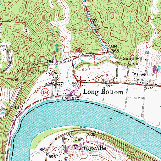Topographic Map of Long Bottom Post Office, OH