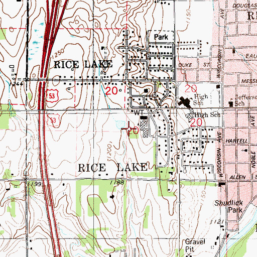 Topographic Map of Rice Lake Water Tower, WI