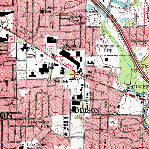 Topographic Map of Addison Village Hall, IL