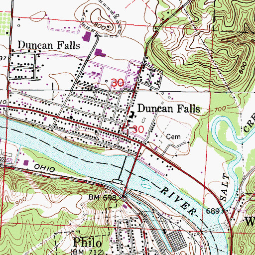 Topographic Map of Duncan Falls Post Office, OH
