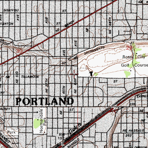 Topographic Map of Rose City Park, OR