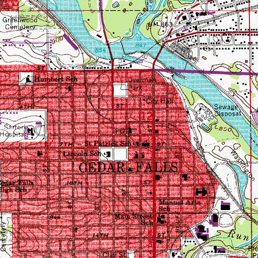 Topographic Map of Cedar Falls Post Office, IA
