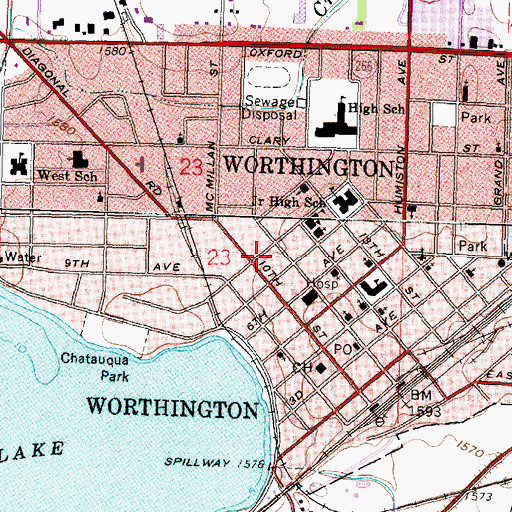 Topographic Map of Worthington Post Office, MN