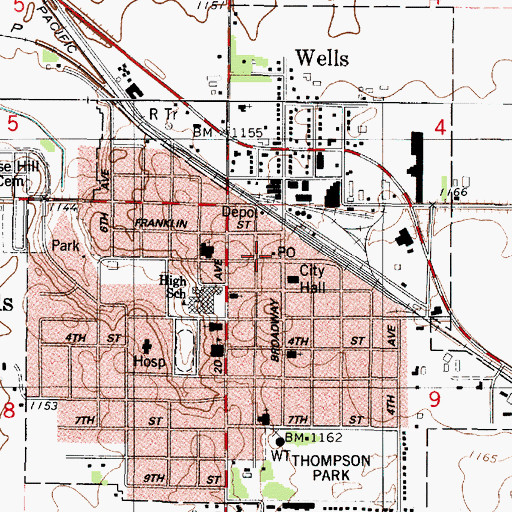 Topographic Map of Wells Public Library, MN