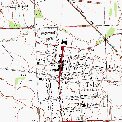 Topographic Map of Tyler Public Llibrary, MN