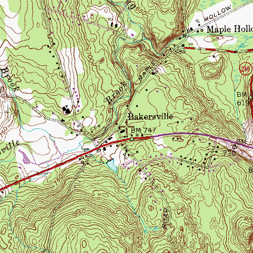 Topographic Map of Bakersville, CT