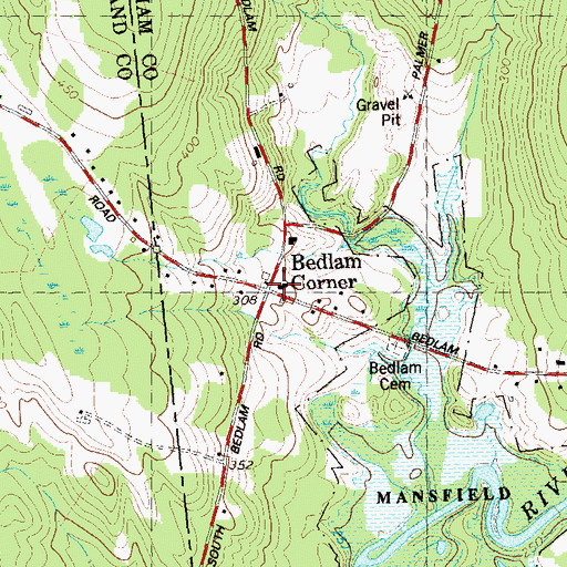 Topographic Map of Bedlam Corner, CT