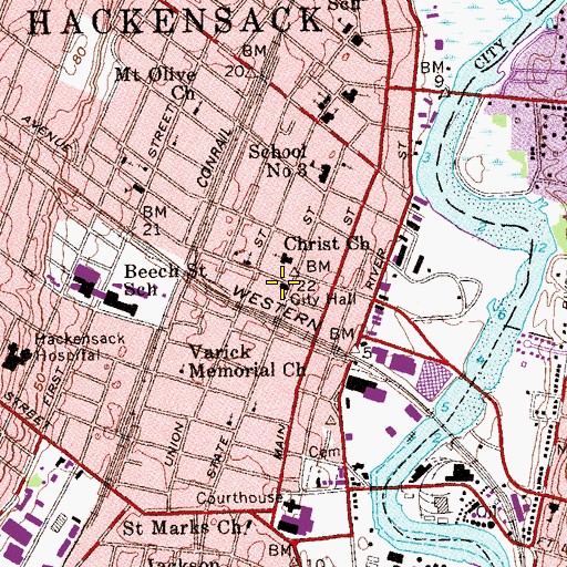 Topographic Map of Hackensack City Hall, NJ