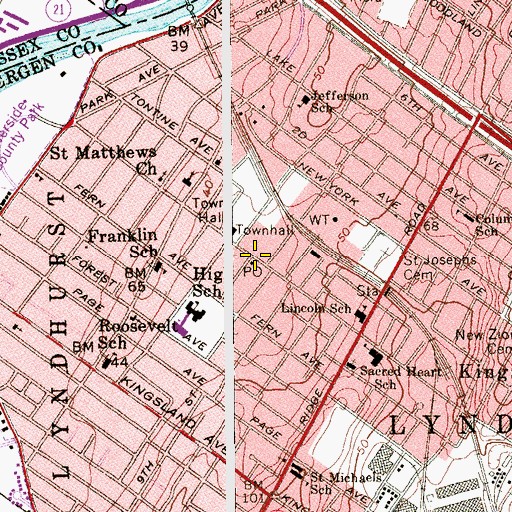 Topographic Map of Lyndhurst Post Office, NJ