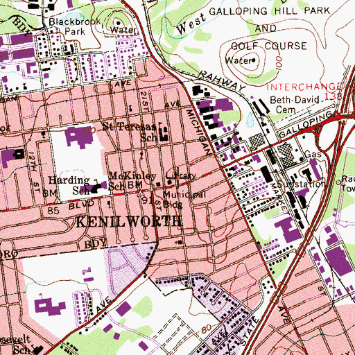 Topographic Map of Kenilworth Public Library, NJ