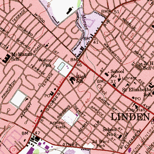 Topographic Map of Linden Adult Education School, NJ