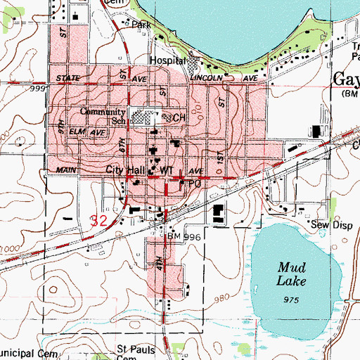Topographic Map of Gaylord Post Office, MN