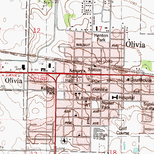 Topographic Map of Olivia City Hall, MN