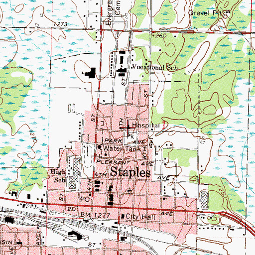 Topographic Map of Staples Public Library, MN