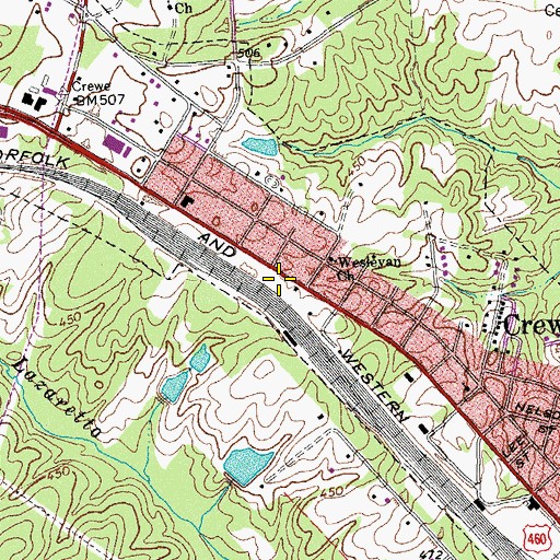 Topographic Map of Crewe Volunteer Fire Department, VA
