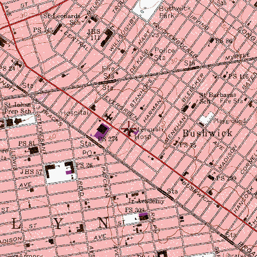 Topographic Map of South Bushwick Reformed Church, NY