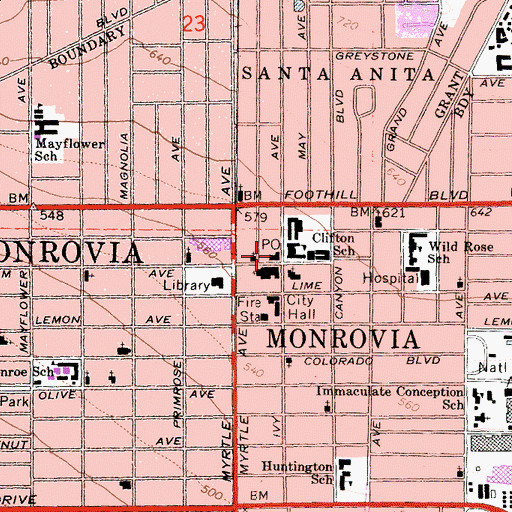 Topographic Map of Monrovia Post Office, CA