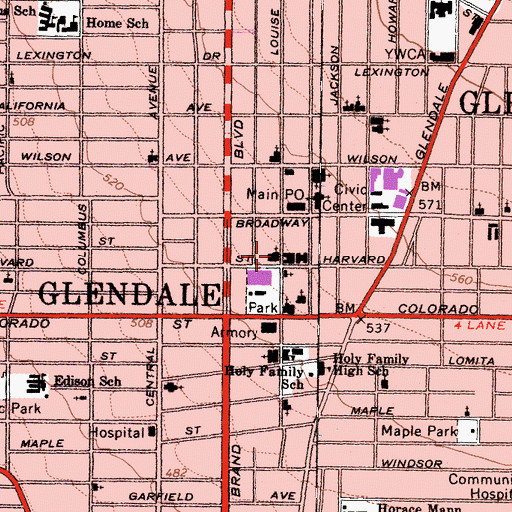 Topographic Map of Glendale Presbyterian Church, CA