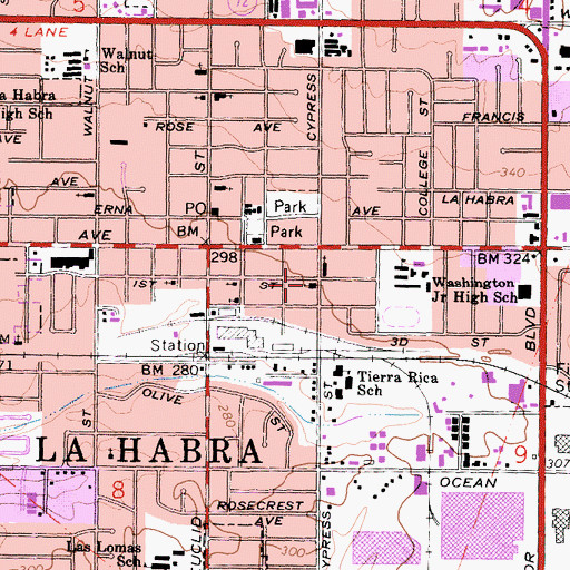 Topographic Map of La Habra Four Square Mission, CA