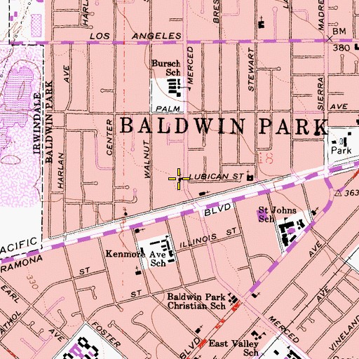 Topographic Map of Baldwin Park Free Will Baptist Church, CA