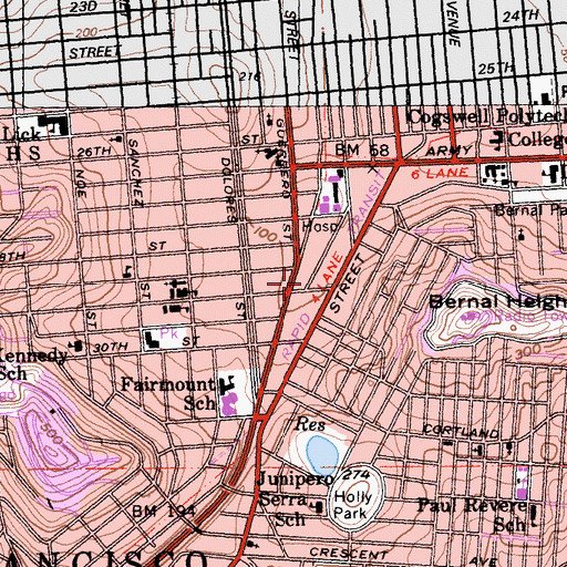 Topographic Map of Bernal Heights Post Office, CA