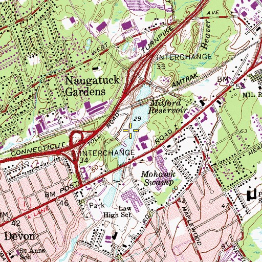 Topographic Map of Milford Reservoir, CT