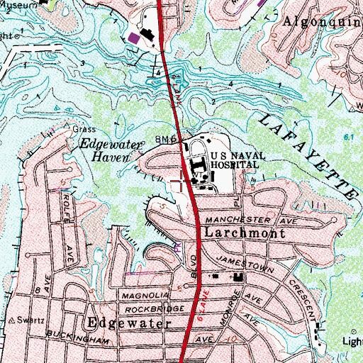Topographic Map of Larchmont Branch Norfolk Public Library, VA