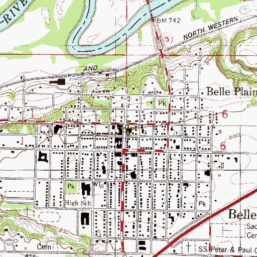 Topographic Map of Belle Plaine Post Office, MN