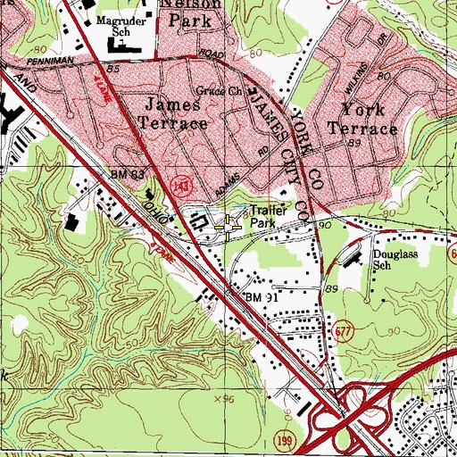 Topographic Map of Williamsburg Terrace Mobile Home Park, VA