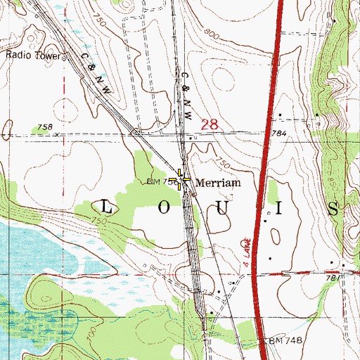 Topographic Map of Merriam Post Office (historical), MN