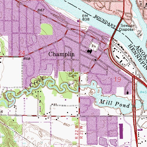 Topographic Map of Champlin Cemetery, MN