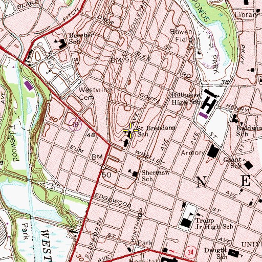 Topographic Map of Saint Brenden School, CT