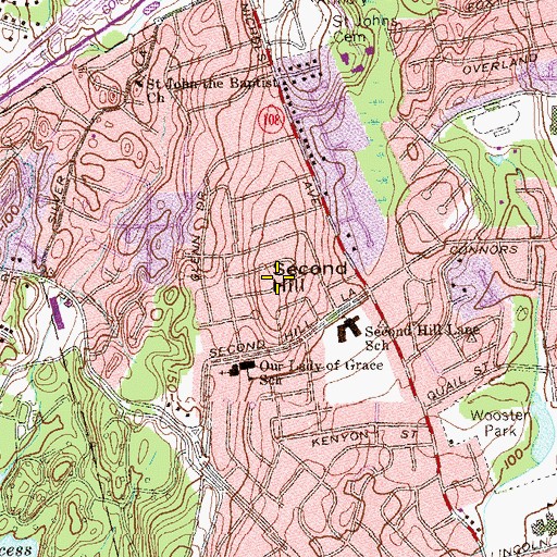 Topographic Map of Second Hill, CT