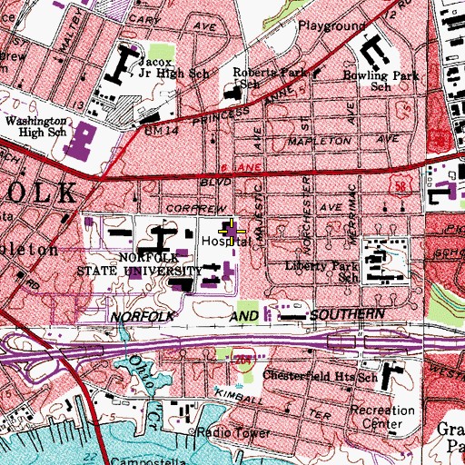 Topographic Map of Norfolk Community Hospital, VA