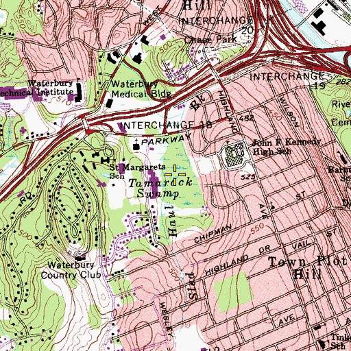 Topographic Map of Tamarack Swamp, CT