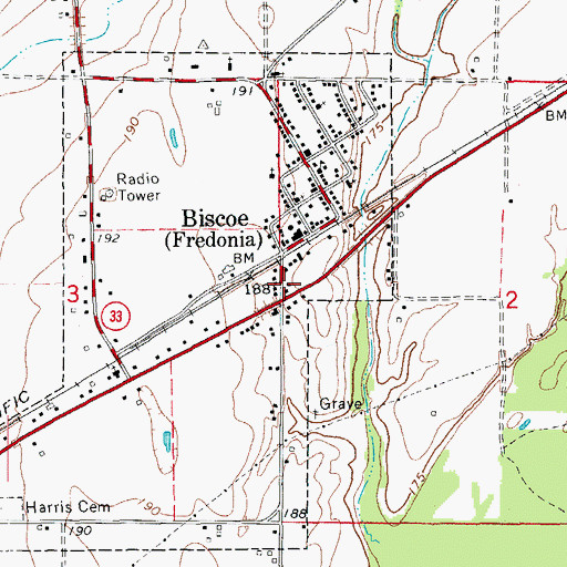 Topographic Map of Biscoe Volunteer Fire Station, AR