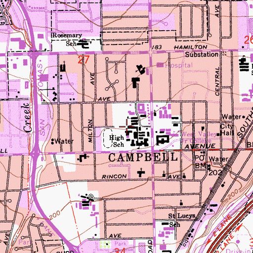 Topographic Map of Campbell High School (historical), CA