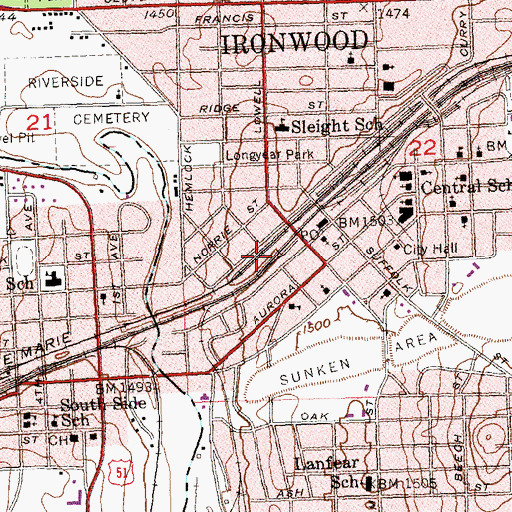 Topographic Map of Ironwood City Hall Historical Marker, MI