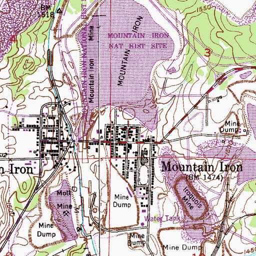 Topographic Map of Mountain Iron Post Office, MN