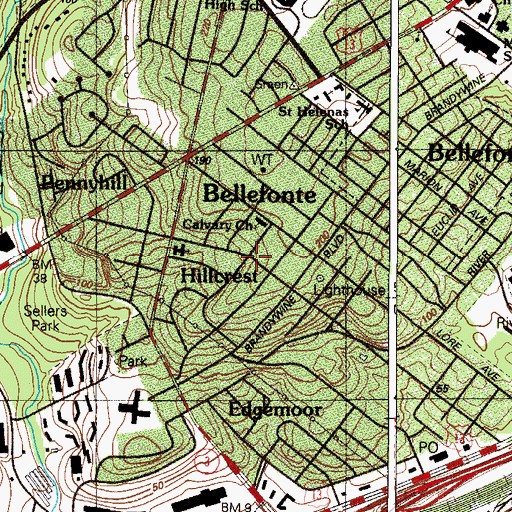 Topographic Map of Hillcrest, DE