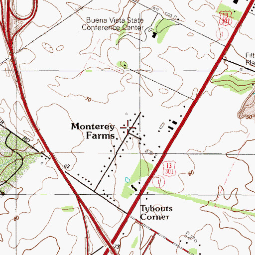 Topographic Map of Monterey Farms, DE