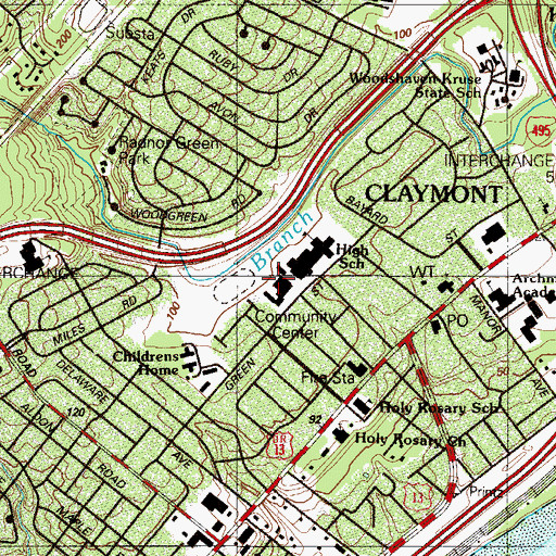 Topographic Map of Claymont High School, DE