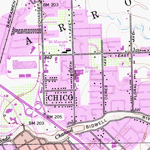 Topographic Map of Bidwell Junior High School, CA