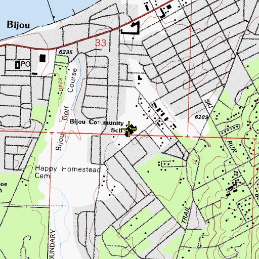 Topographic Map of Bijou Community School, CA