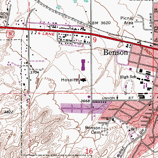 Topographic Map of Benson Hospital, AZ
